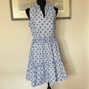 Draper James Fit & Flare Midi Dress Blue & White Embroidered Flowers 100% Cotton